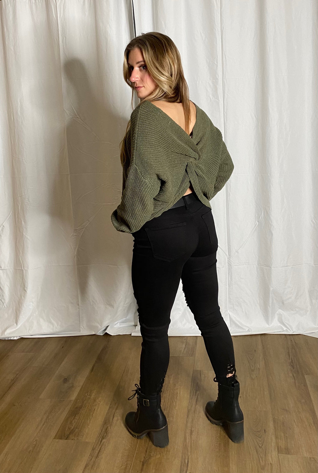 Twisted Open Back Sweater (Olive)