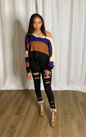 Distressed Crop Top Sweater (Purple)