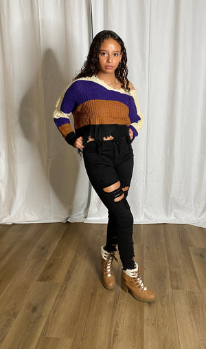 Distressed Crop Top Sweater (Purple)