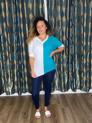 HALF SLEEVE KNIT TOP (TEAL/WHITE)