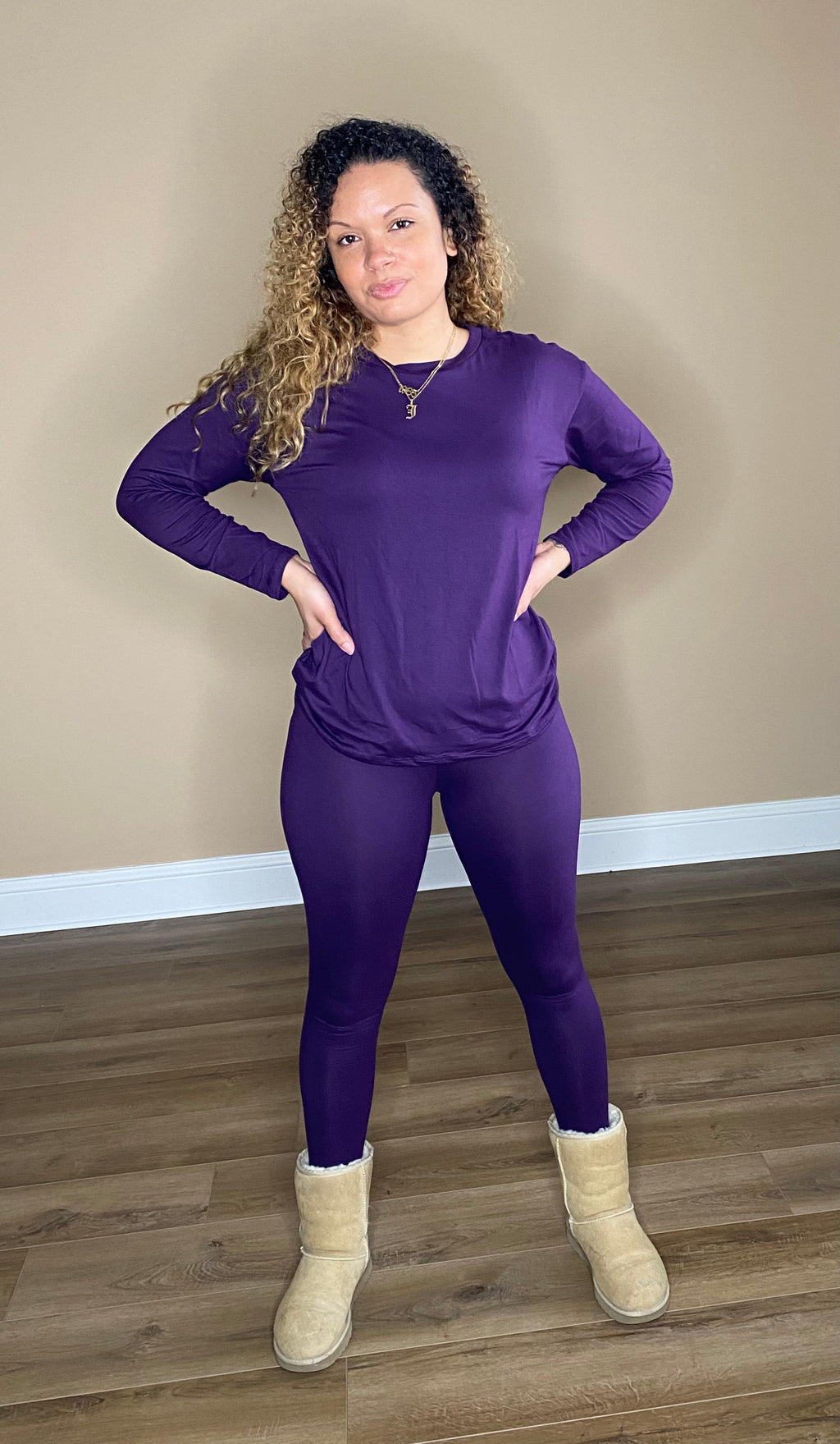 Round neck top leggings set (Eggplant)