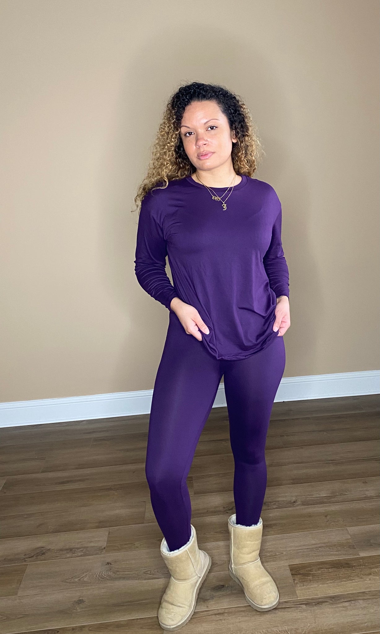 Round neck top leggings set (Eggplant)