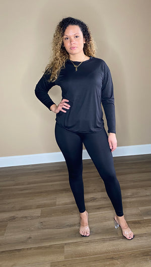 Round neck top leggings set (Black)